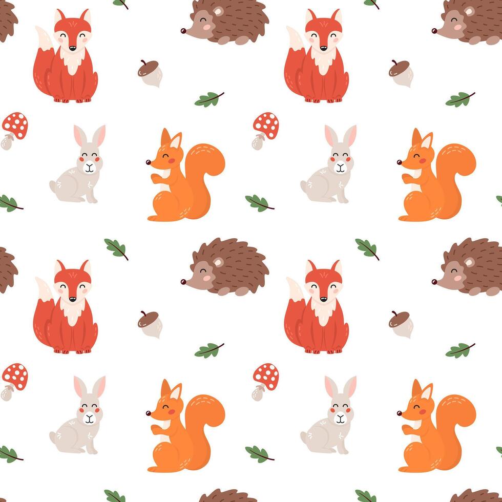 Seamless pattern with cute forest animals in cartoon flat style. Cartoon fox, squirrel, hedgehog and hare. Kids design for print, textile, wrapping paper, wallpaper, nursery. vector