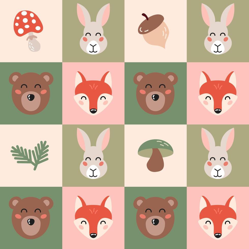 Seamless pattern with cute forest animals faces and autumn elements in cartoon flat style. Kids design for print, textile, wrapping paper, wallpaper, nursery. vector