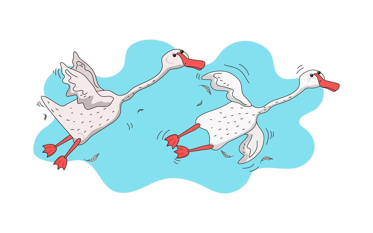 Set of a couple of cute geese flying in the sky. Funny goose birds in the clouds. Animal, bird, feathers. Flat cartoon illustration on isolated background. vector