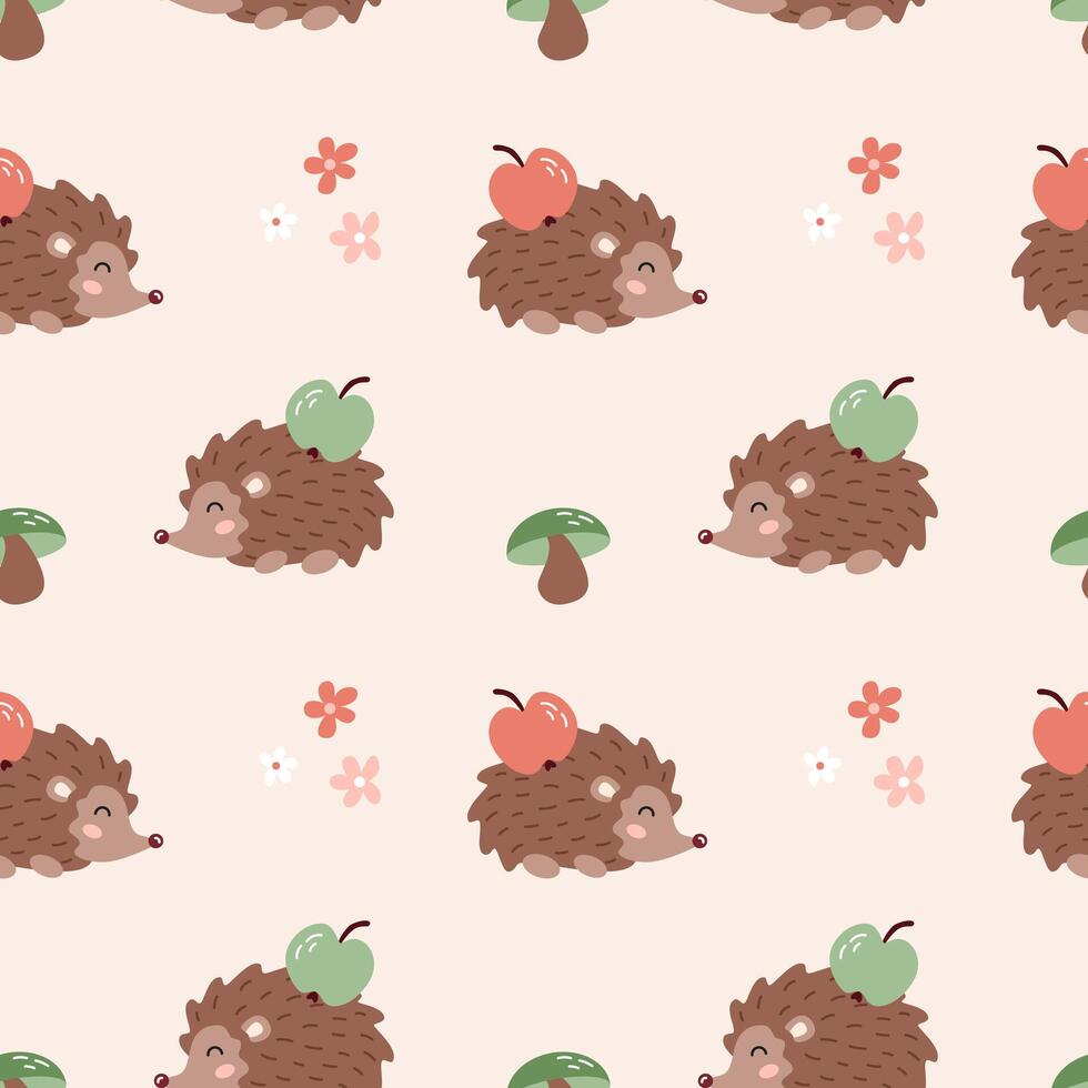 Seamless pattern with cute hedgehog with apple, mushroom and flower. Forest animal background for print, textile, wrapping paper, wallpaper, nursery. vector