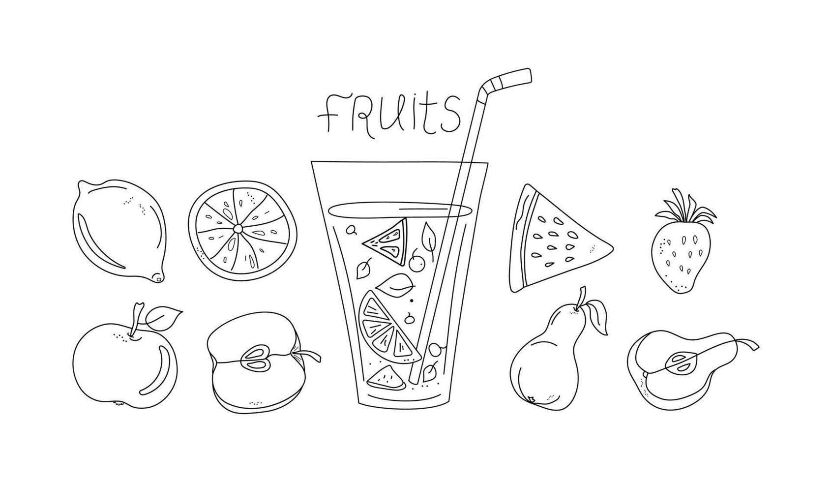 Juice in a glass, fruit cocktail, smoothie. Set of abstract fruits, ingredients for juice. Fruits and berries whole and slices. Food and drinks, healthy vegetarian nutrition. Beach bar. Line icons. vector