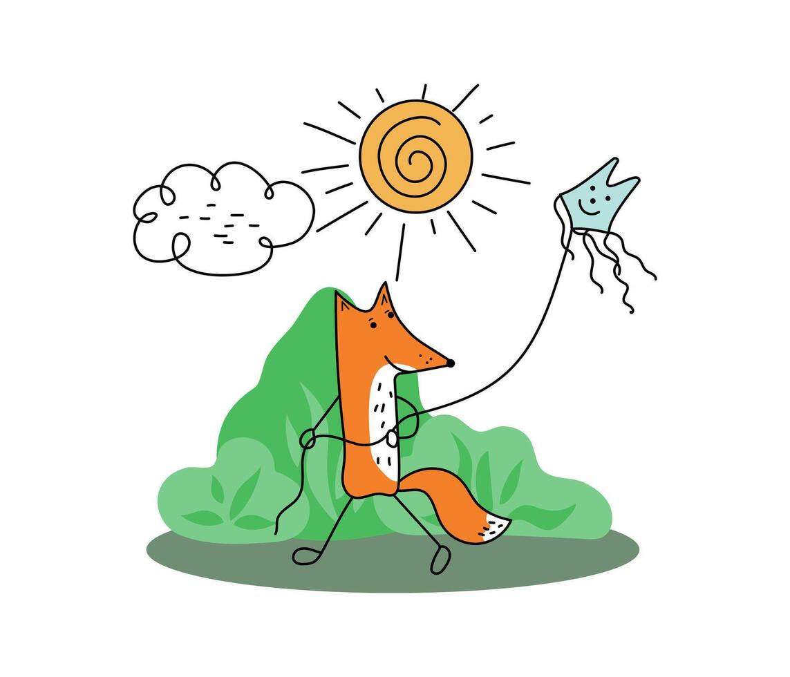 Fox and kite. Park, tree, bush. Game, active recreation in the fresh air. Set Sun, cloud cartoon cute animal. Simple outline icons, illustration. Background white isolated. vector