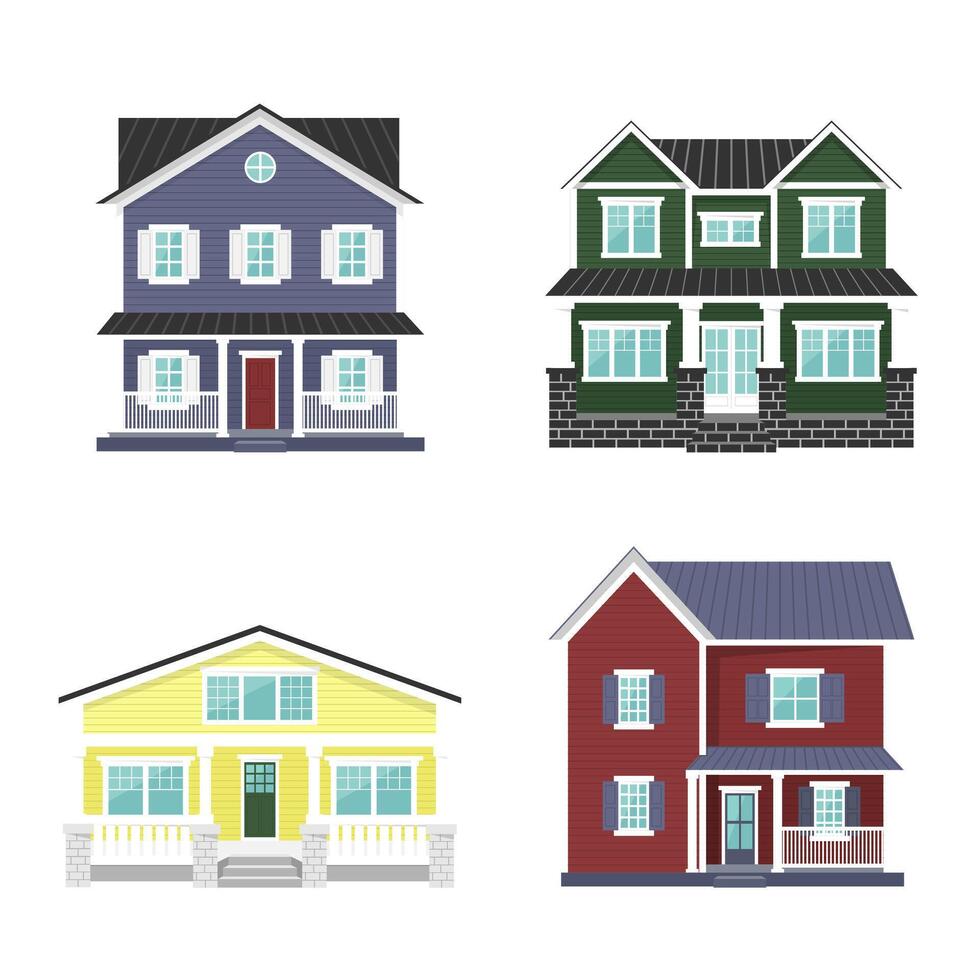 houses with porch set. Collection of two-storey house with porch for rent, for sale in flat style. illustration vector