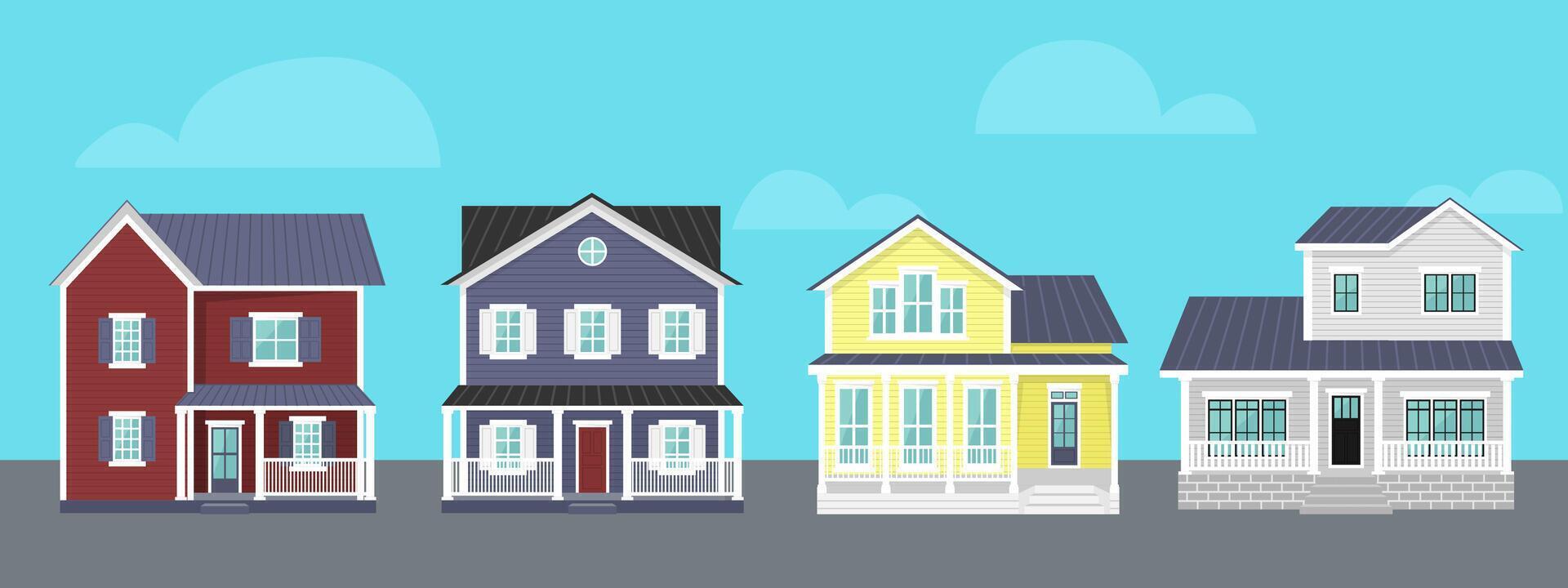 houses with porch set. Collection of two-storey house with porch for rent, for sale in flat style. illustration vector
