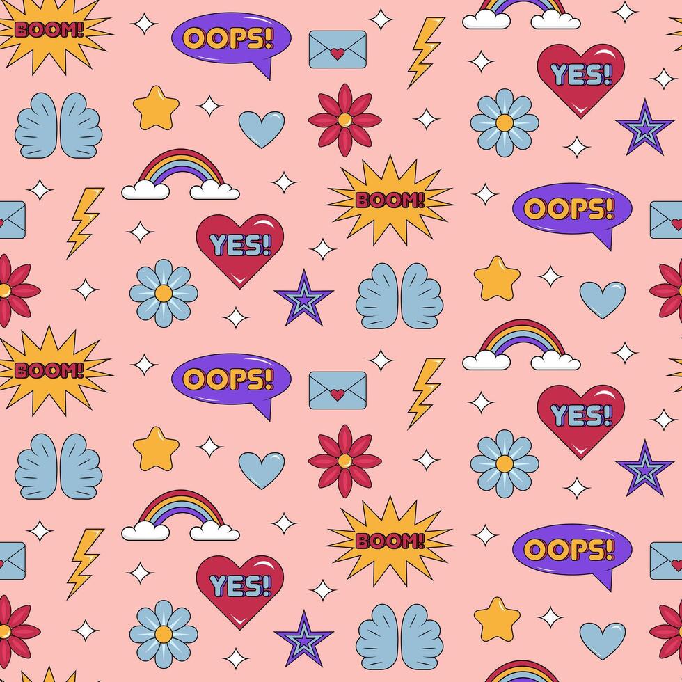 Y2K pattern. Retro seamless pattern with words oops, yes and boom, heart, rainbow, stars, flowers, wings, lighting, envelope. illustration vector
