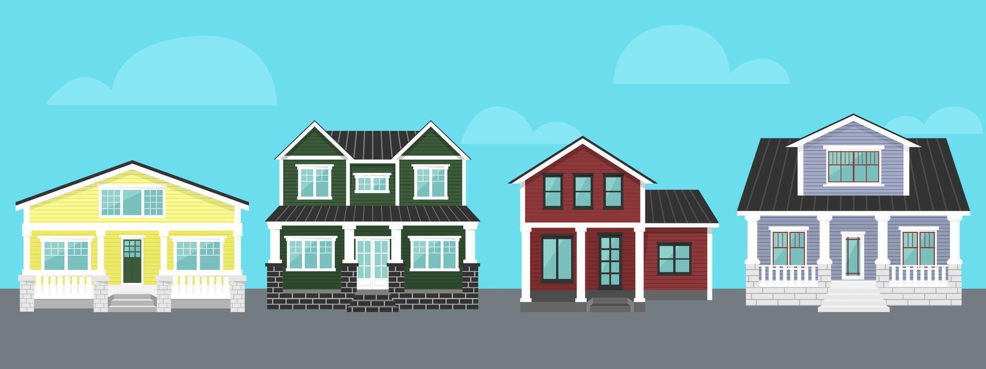 houses with porch set. Collection of two-storey house with porch for rent, for sale in flat style. Street, area with houses. illustration vector
