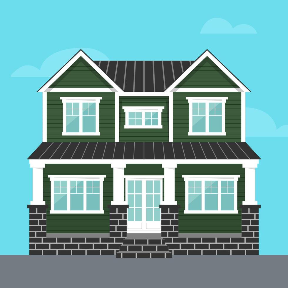 house with porch. Green two-storey house with porch in flat style. Sweet home. illustration vector