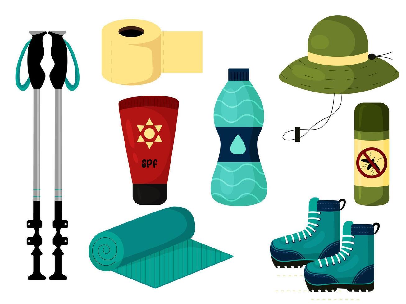 Camping hiking items set flat. Travel elements collection. Summer travel stuff. Water bottle, spf, toilet paper, trekking poles, hiking mat, boots, repellent, panama. illustration vector