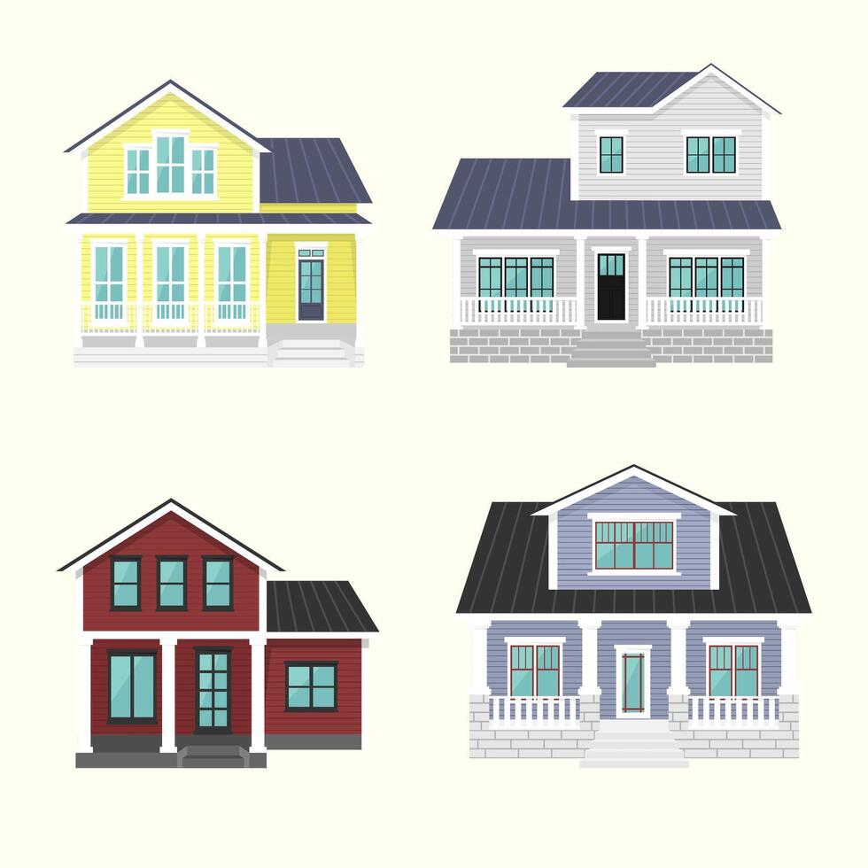 houses with porch set. Collection of two-storey house with porch for rent, for sale in flat style. illustration vector