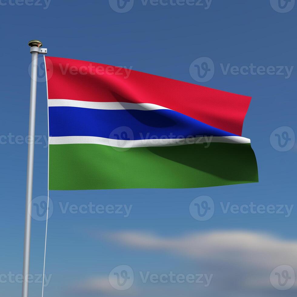 Gambia bandera es ondulación en frente de un azul cielo con borroso nubes en el antecedentes foto