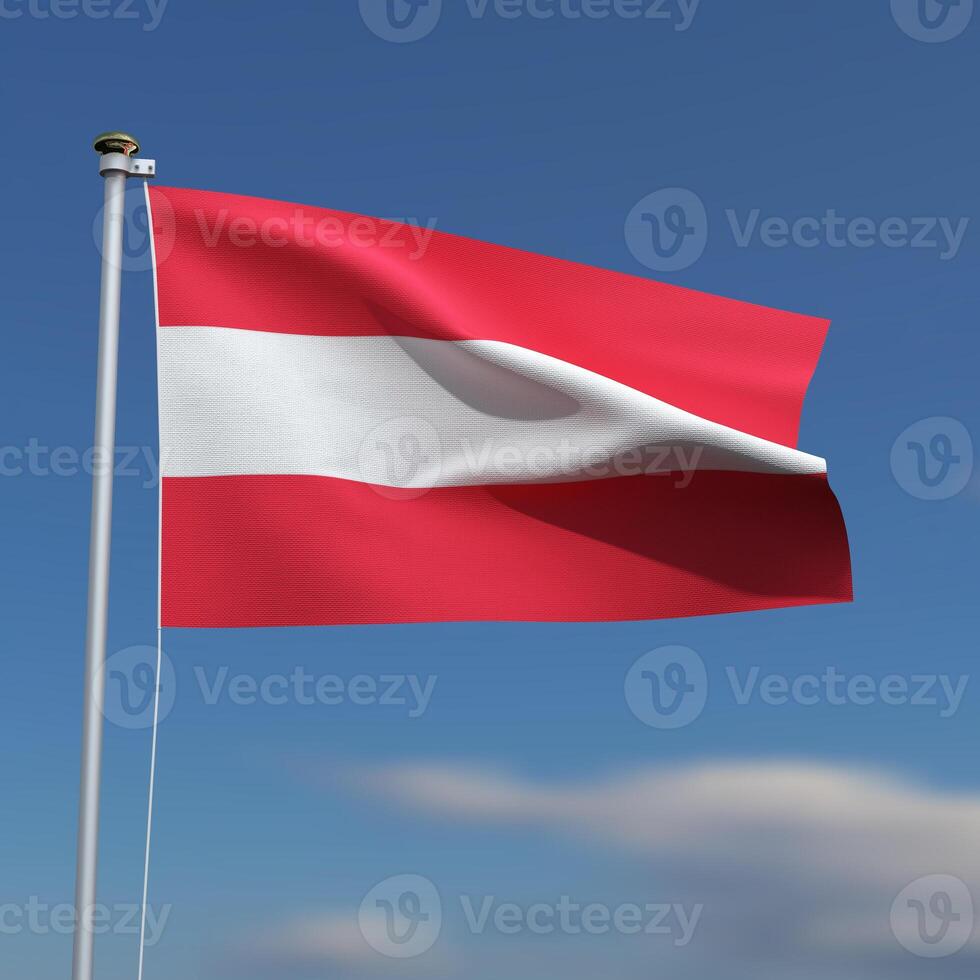 Austria Flag is waving in front of a blue sky with blurred clouds in the background photo