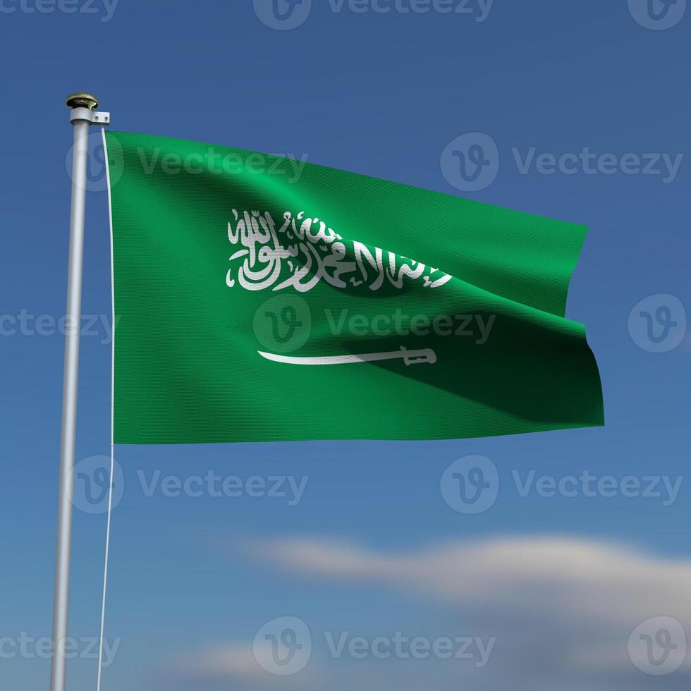 Saudi Arabia Flag is waving in front of a blue sky with blurred clouds in the background photo