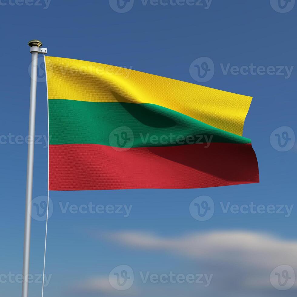 Lithuania Flag is waving in front of a blue sky with blurred clouds in the background photo
