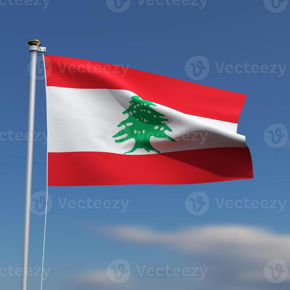 Lebanon Flag is waving in front of a blue sky with blurred clouds in the background photo