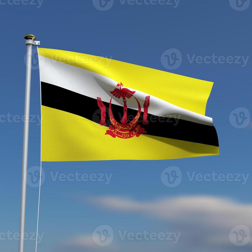 Brunei Flag is waving in front of a blue sky with blurred clouds in the background photo