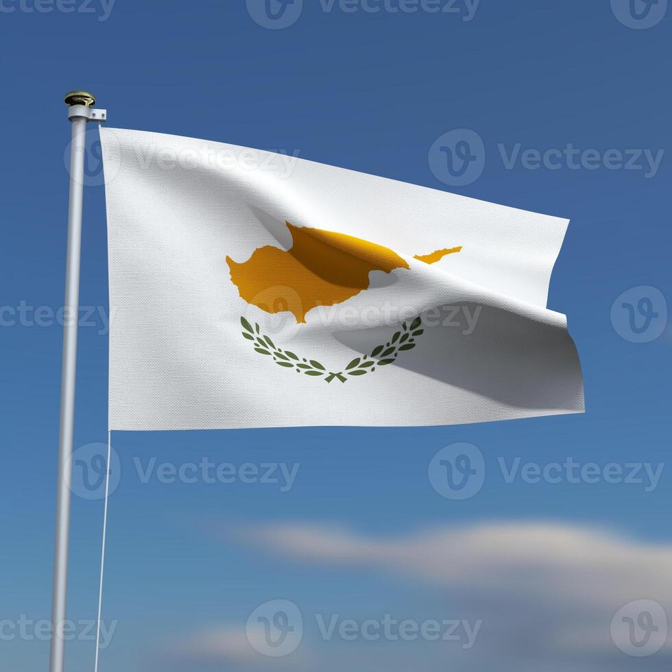 Cyprus Flag is waving in front of a blue sky with blurred clouds in the background photo