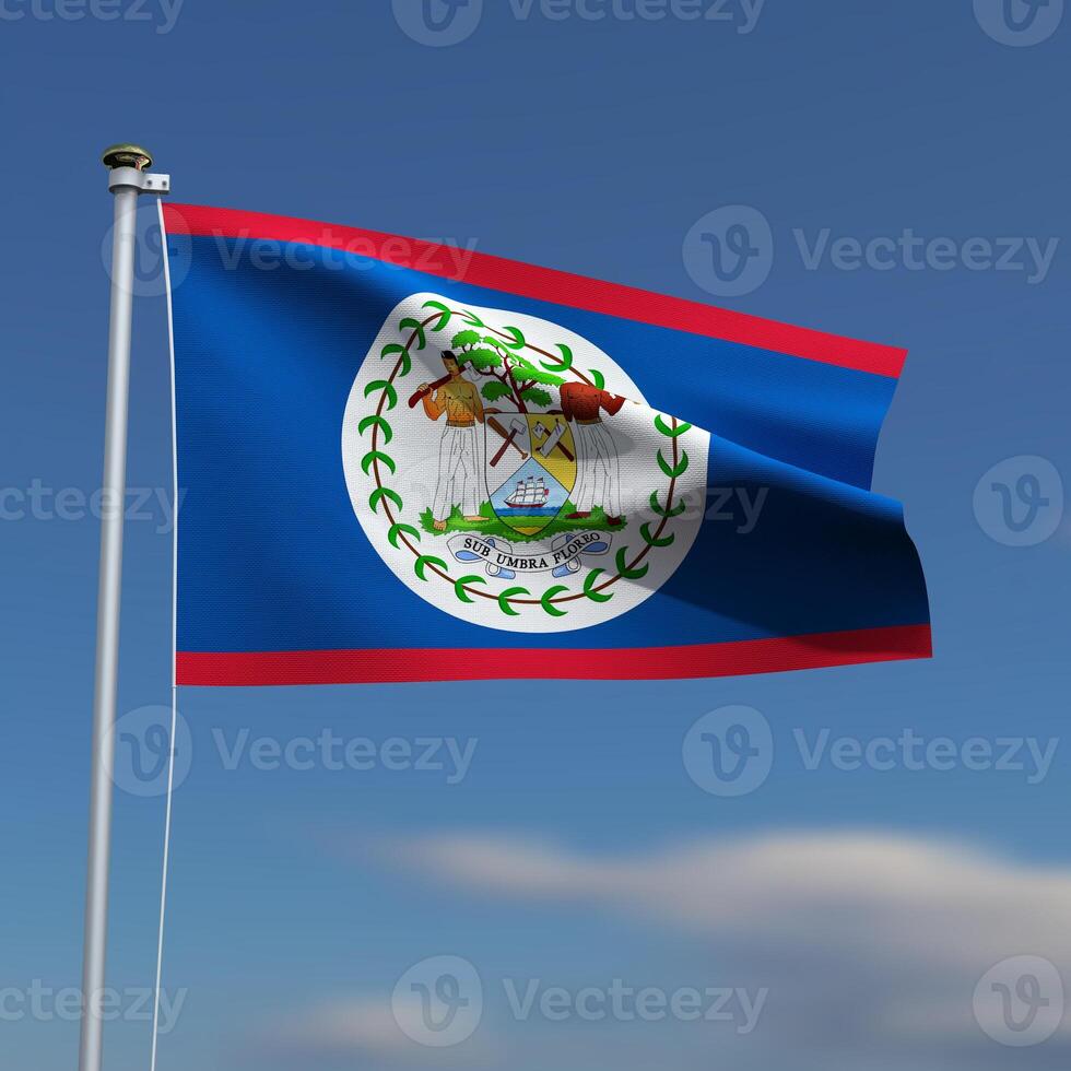 Belize Flag is waving in front of a blue sky with blurred clouds in the background photo