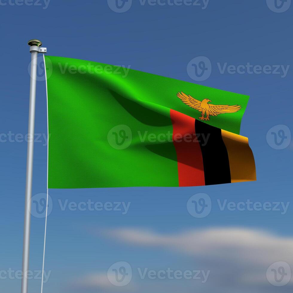 Zambia Flag is waving in front of a blue sky with blurred clouds in the background photo