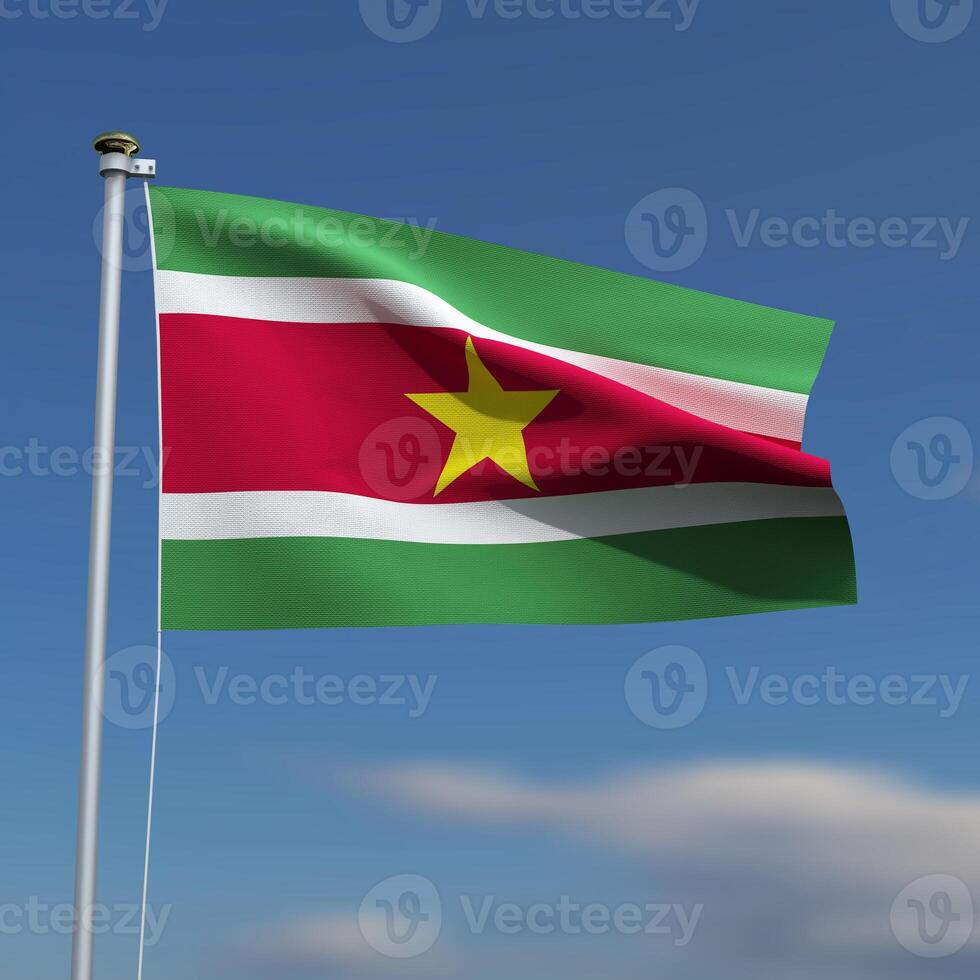 Suriname Flag is waving in front of a blue sky with blurred clouds in the background photo