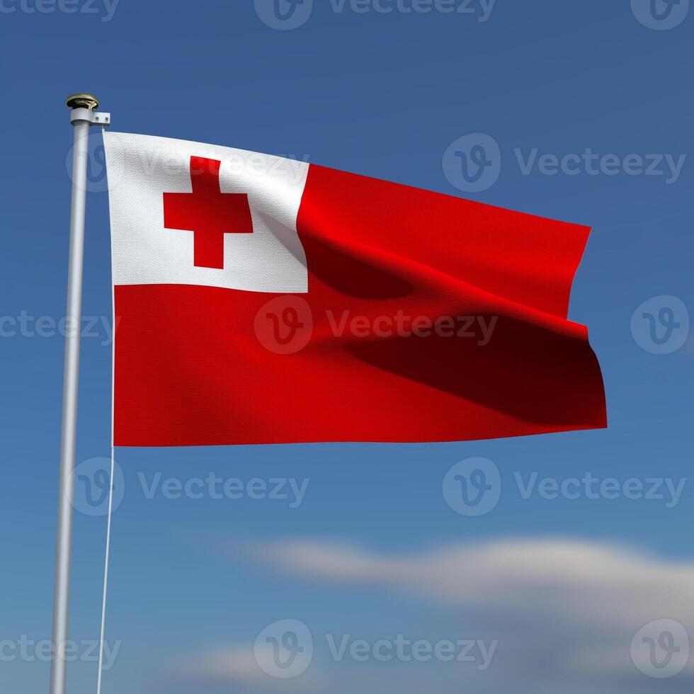 Tonga Flag is waving in front of a blue sky with blurred clouds in the background photo