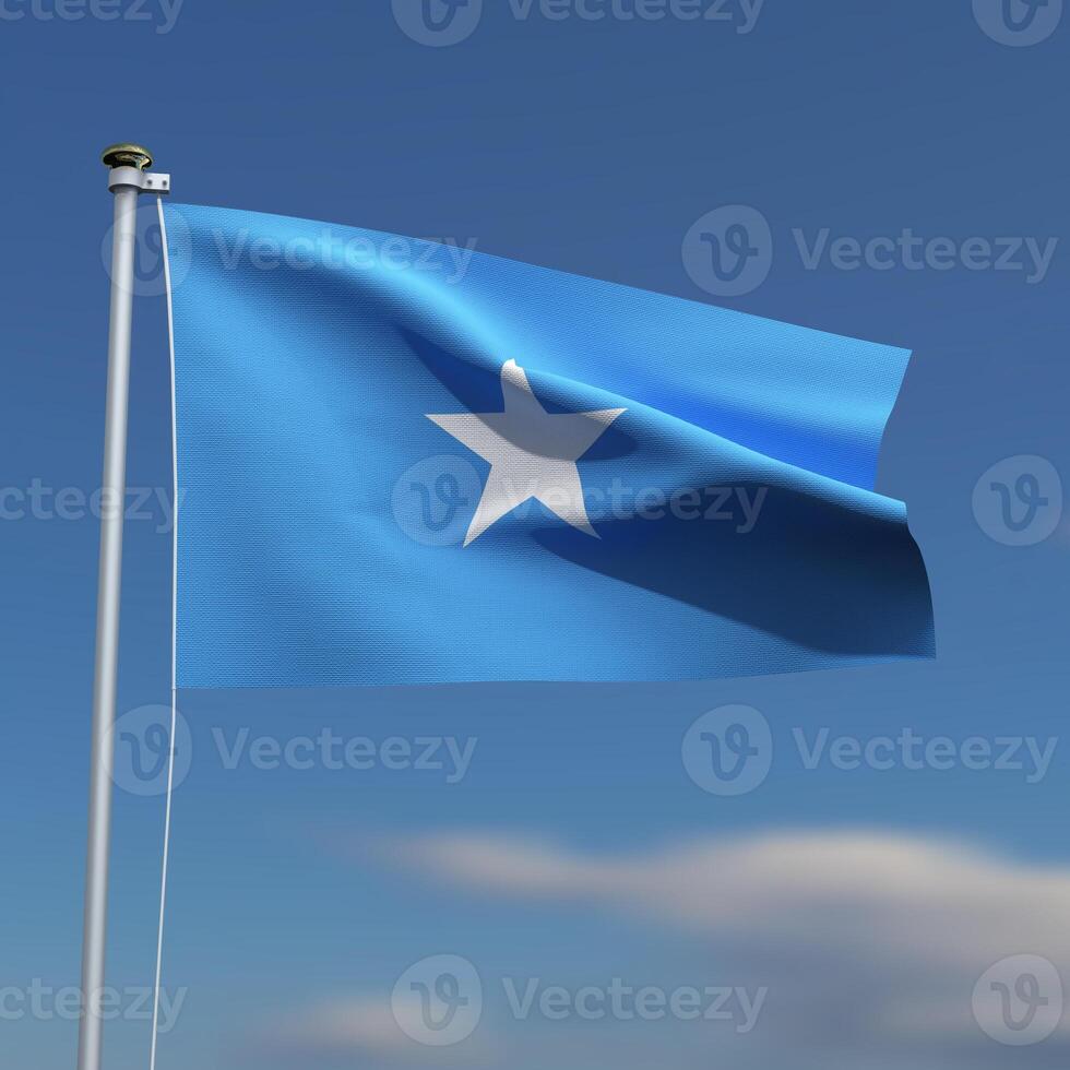 Somalia Flag is waving in front of a blue sky with blurred clouds in the background photo