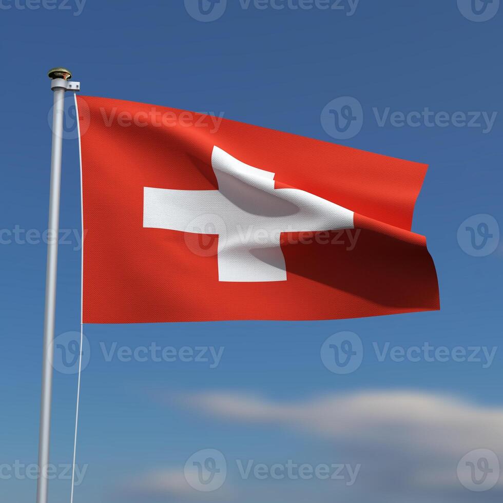 Switzerland Flag is waving in front of a blue sky with blurred clouds in the background photo