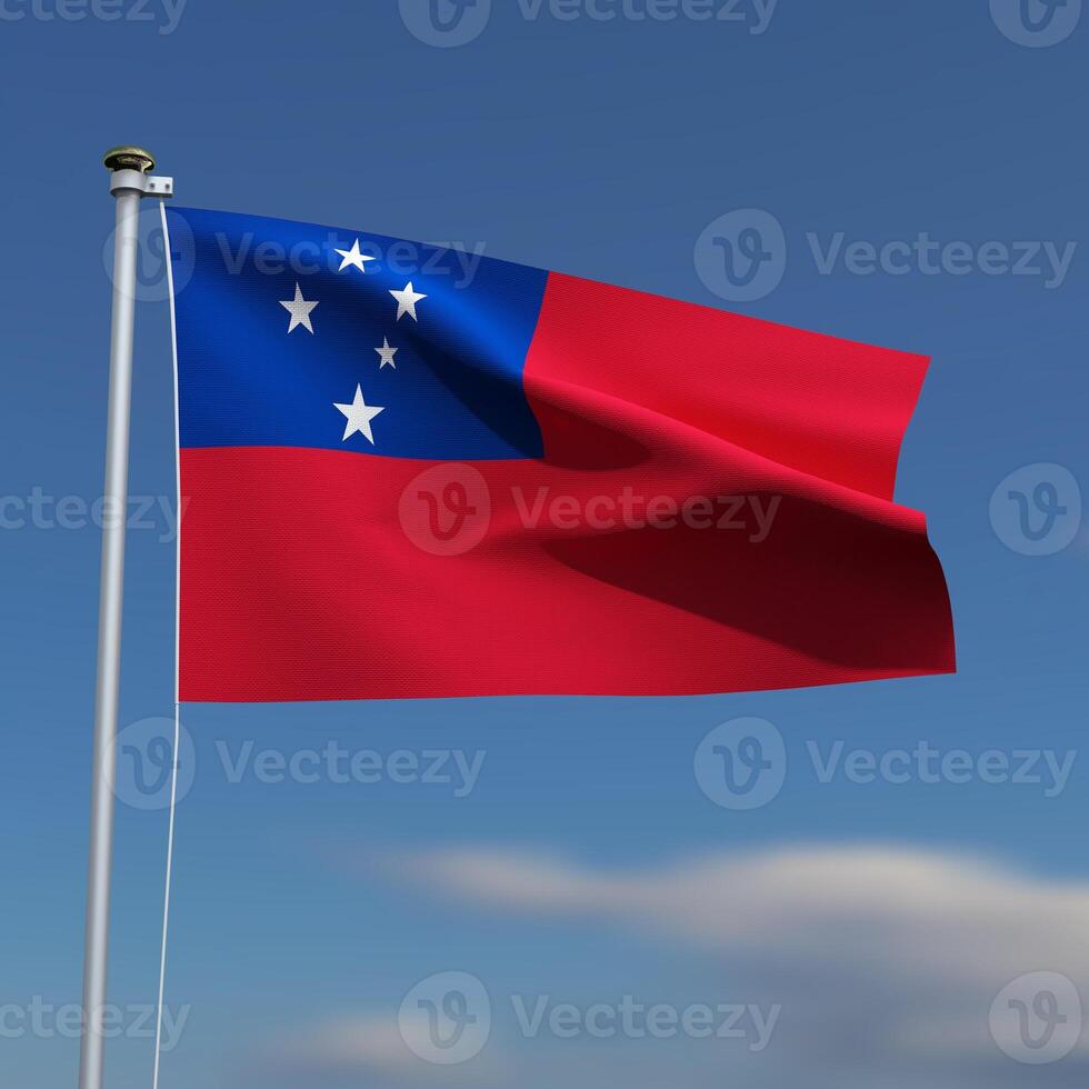 Samoa Flag is waving in front of a blue sky with blurred clouds in the background photo