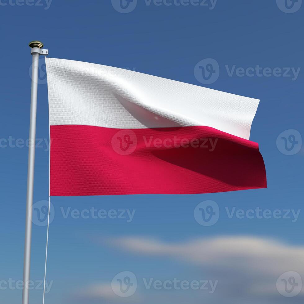 Poland Flag is waving in front of a blue sky with blurred clouds in the background photo