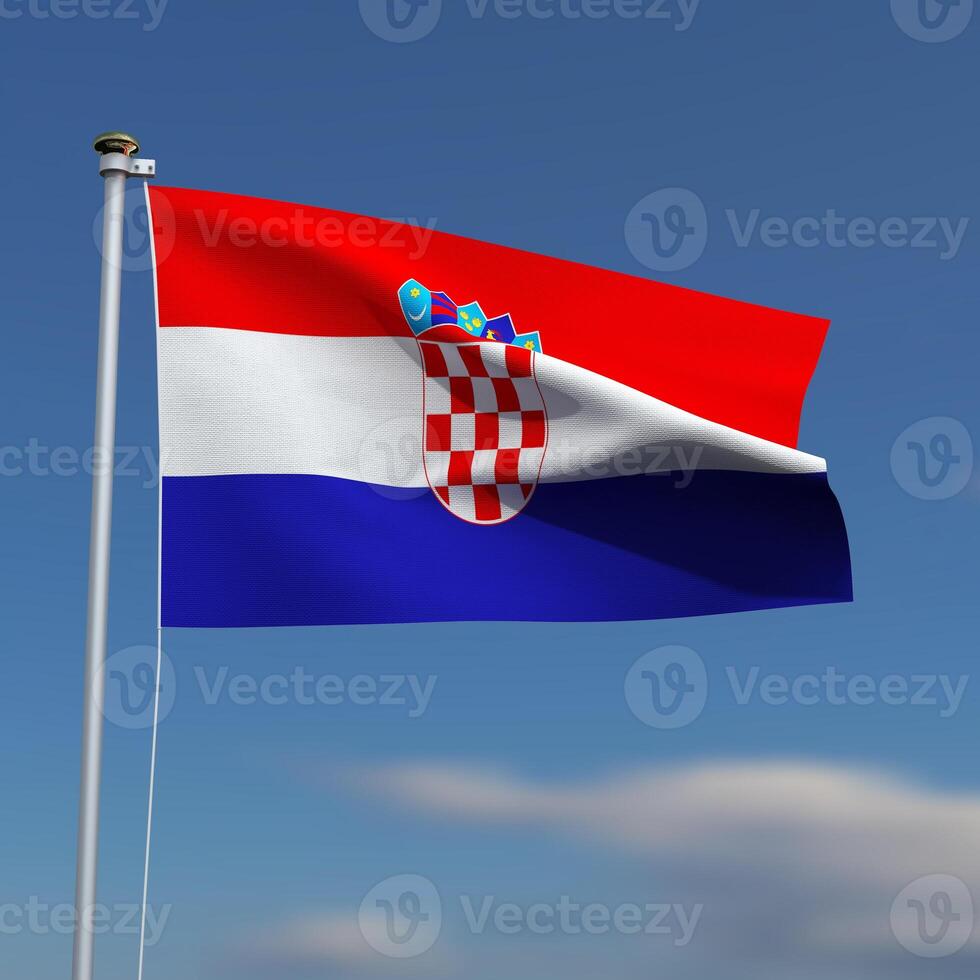 Croatia Flag is waving in front of a blue sky with blurred clouds in the background photo