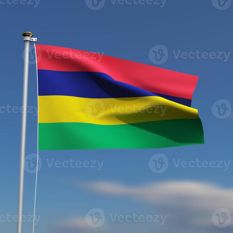 Mauritius Flag is waving in front of a blue sky with blurred clouds in the background photo