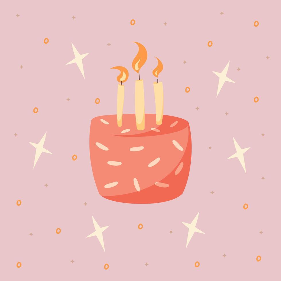 Hand draw postcard with doodle cakes, candles and stars. Pink and yellow colors. Card for birthday, party, celebration and holidays. illustration in flat style.Pink background. vector