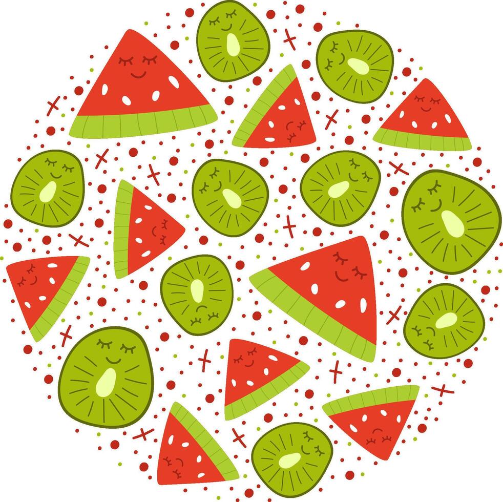 Summer round circle postcard for print, social media, banner. Hand draw watermelon and kiwi slice isolated on white. illustration in doodle flat style. Red and green fruit with kawaii eyes. vector