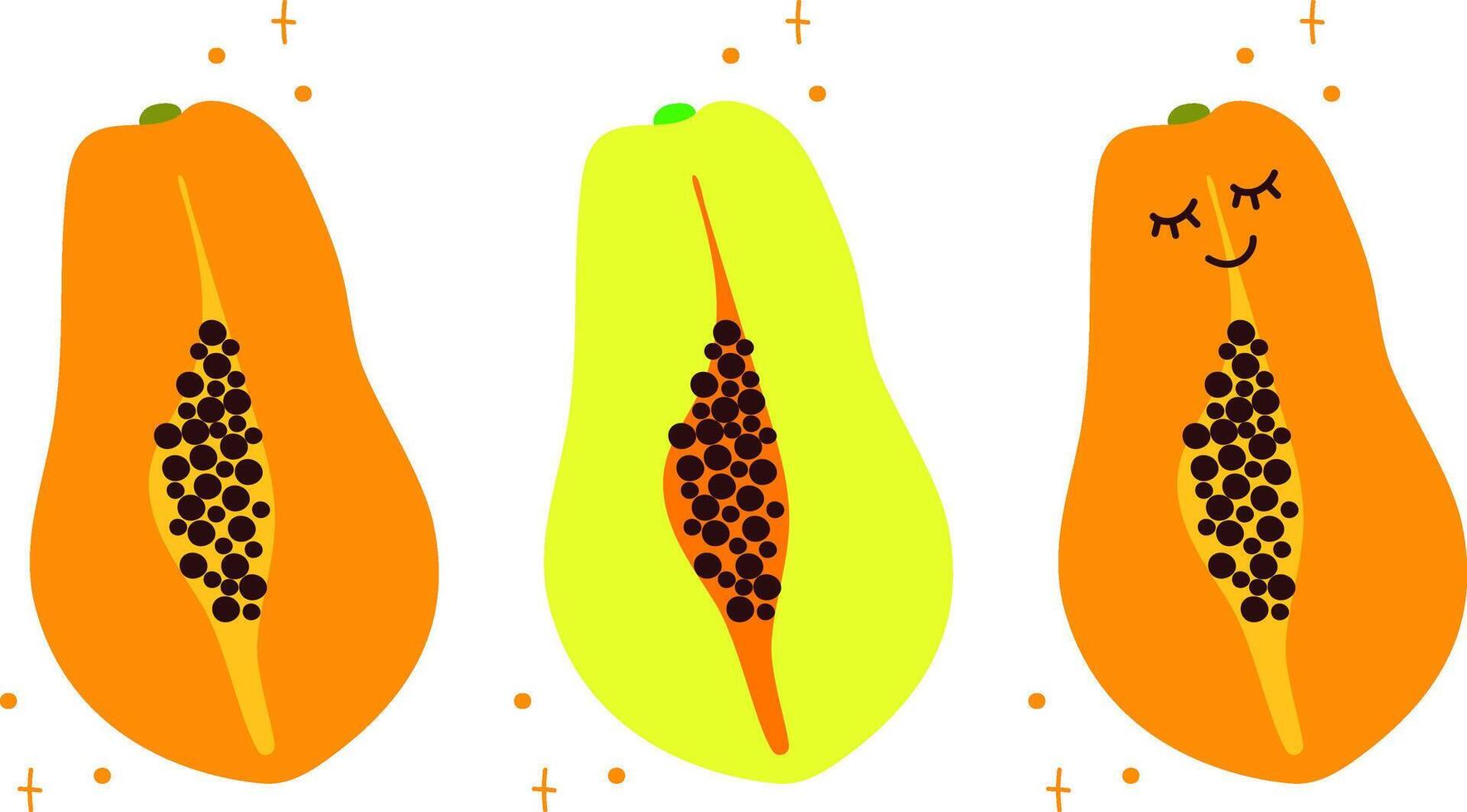 Set of papaya,pawpaw slice isolated on white. illustration in doodle style. Cute flat style. Papaya with kawaii eyes.Funny hand draw fruit piece. Orange,yellow and green colors. vector