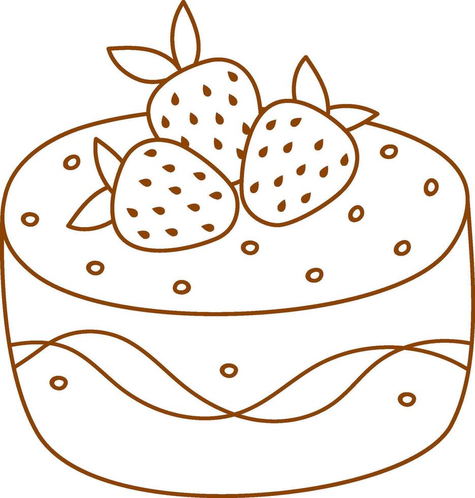 Hand draw sweet birthday chocolate cake with strawberry isolated on white background. Cute illustration. Line art,Doodle style. Cake icon. Celebration, party.Coloring book vector
