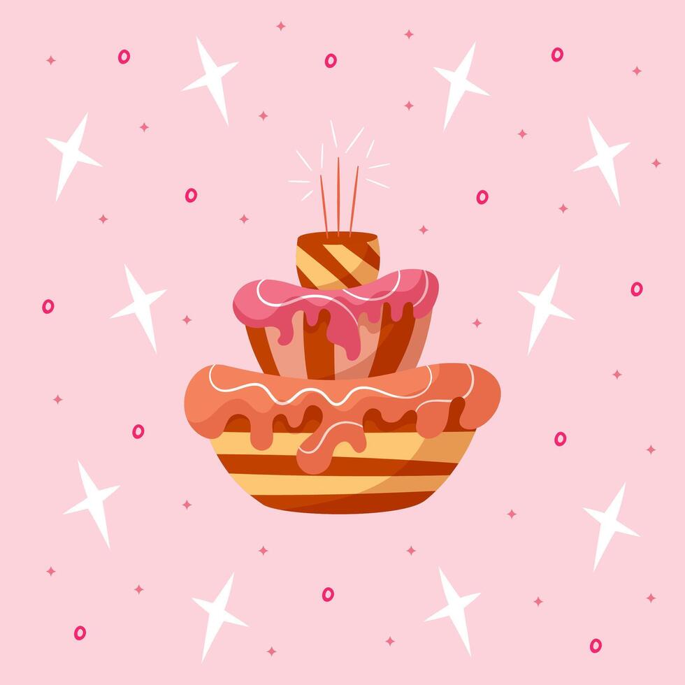 Hand draw postcard with chocolate cakes, cream, sparklers and stars. Pink,brown, yellow colors. Card for birthday, party, celebration and holidays. illustration in flat style.Pink background. vector