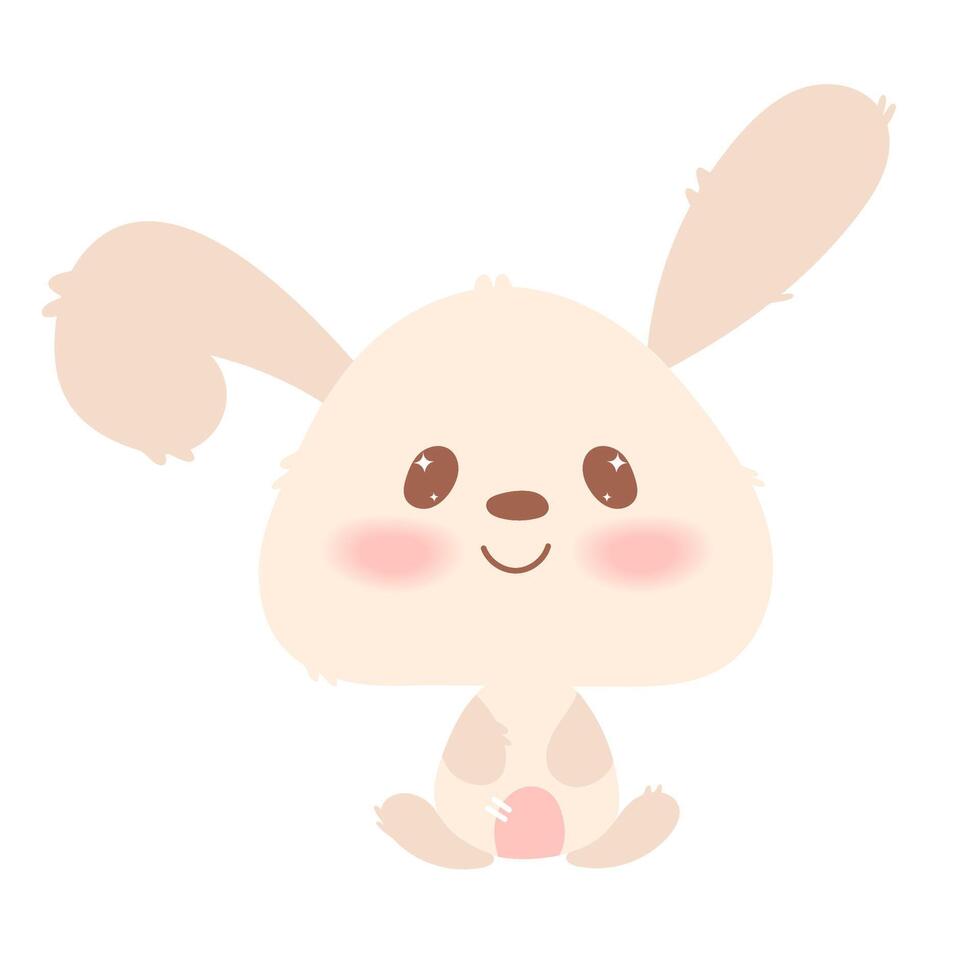 Pastel soft hand draw bunny illustration with floppy ears and sweet,cute expression isolated on white, for kids' decor and Easter themes.Kawaii style, flat. illustration. vector