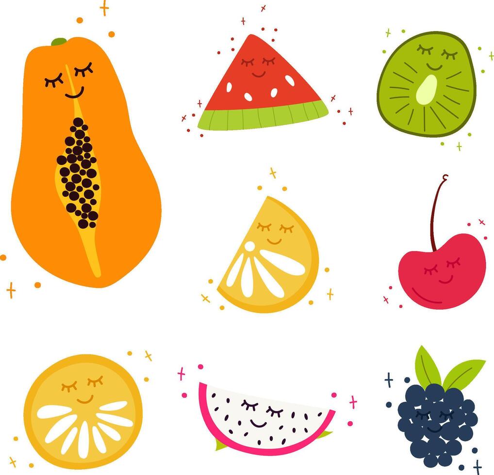 Set of summer hand draw fruits isolated on white. illustration with kawaii eyes. Papaya,pawpaw, cherry,watermelon, kiwi,orange, lime,blackberry,bramble,dewberry,dragon fruit, pitahaya,pitaya. vector