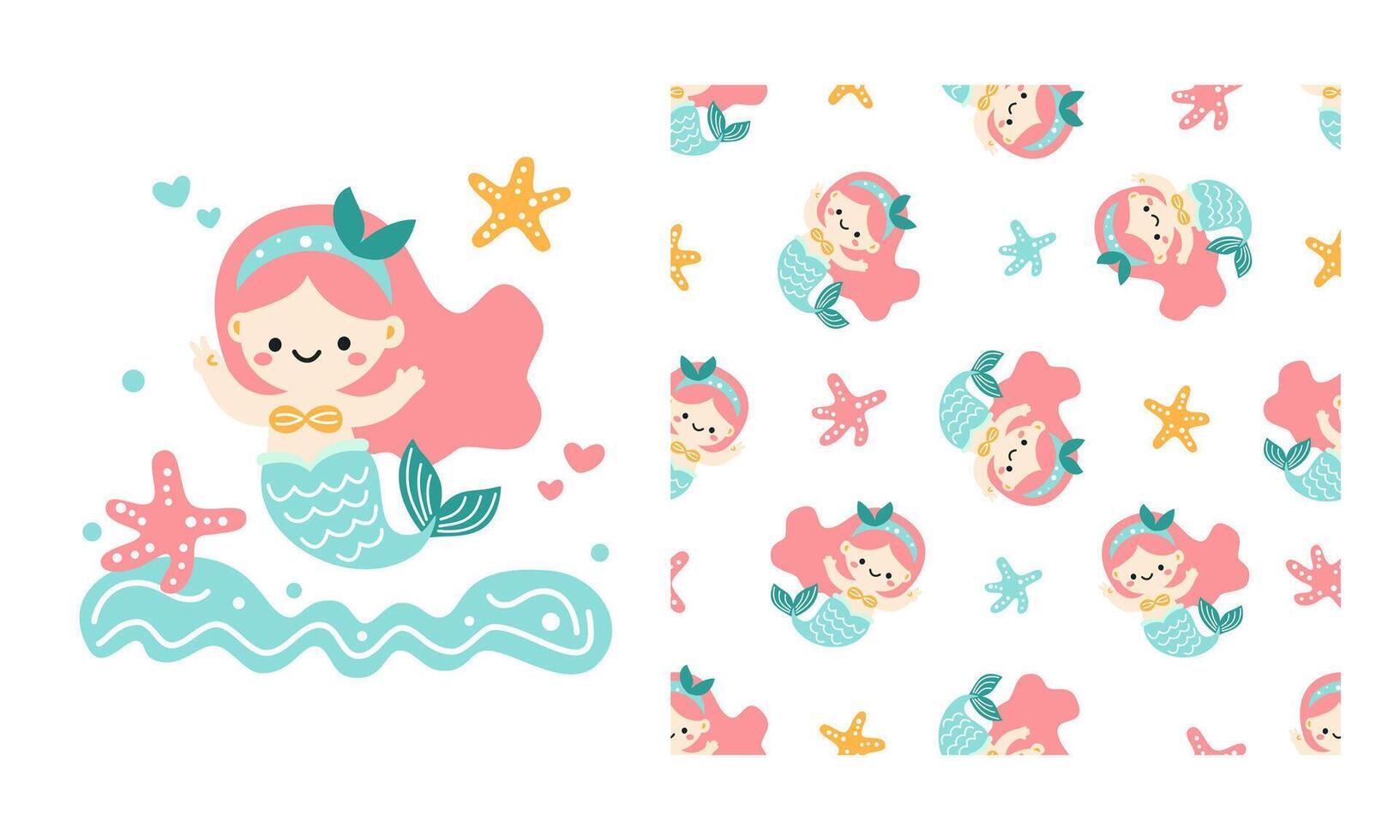 Set of materials for printing on children's products. Cute mermaid and starfish. Print and seamless pattern vector