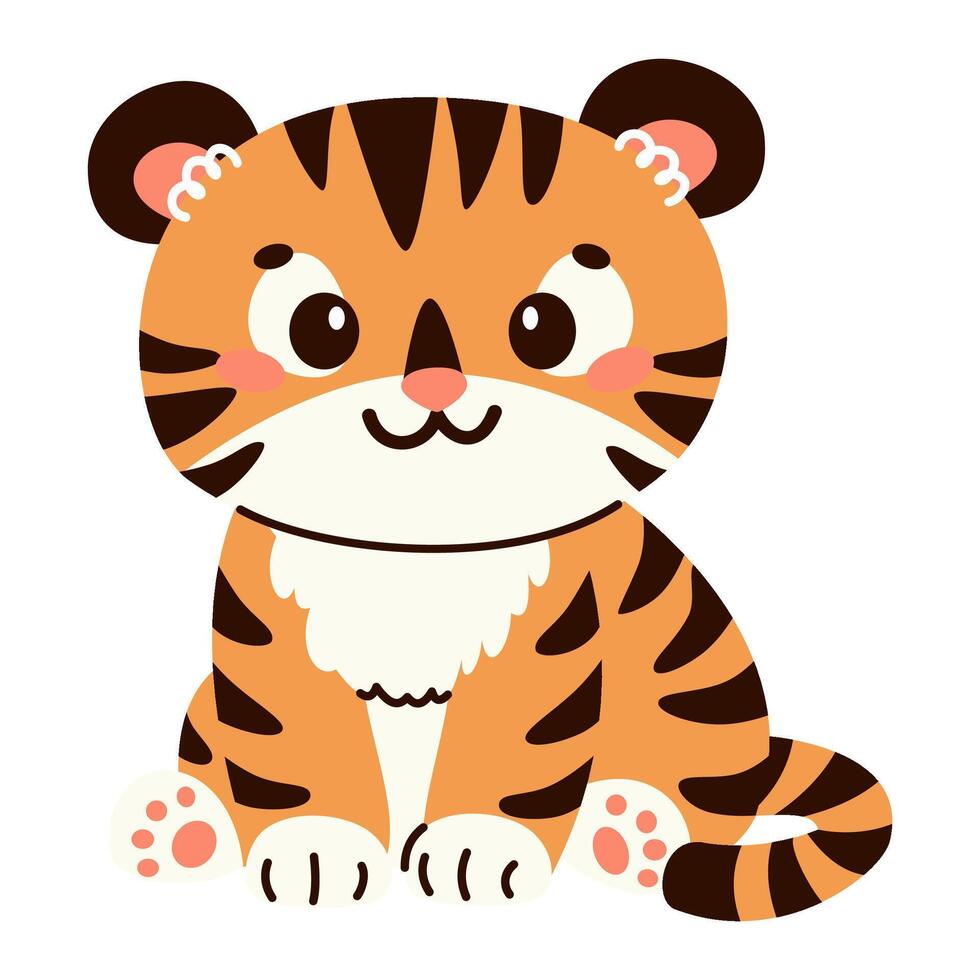 Flat illustration in children's style. Cute tiger cub sitting on white background vector