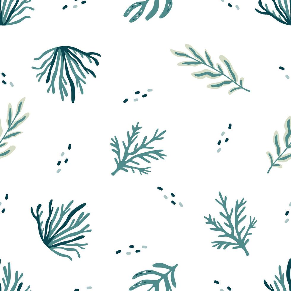 Seamless pattern with nautical theme on white background. Seaweed and corals vector