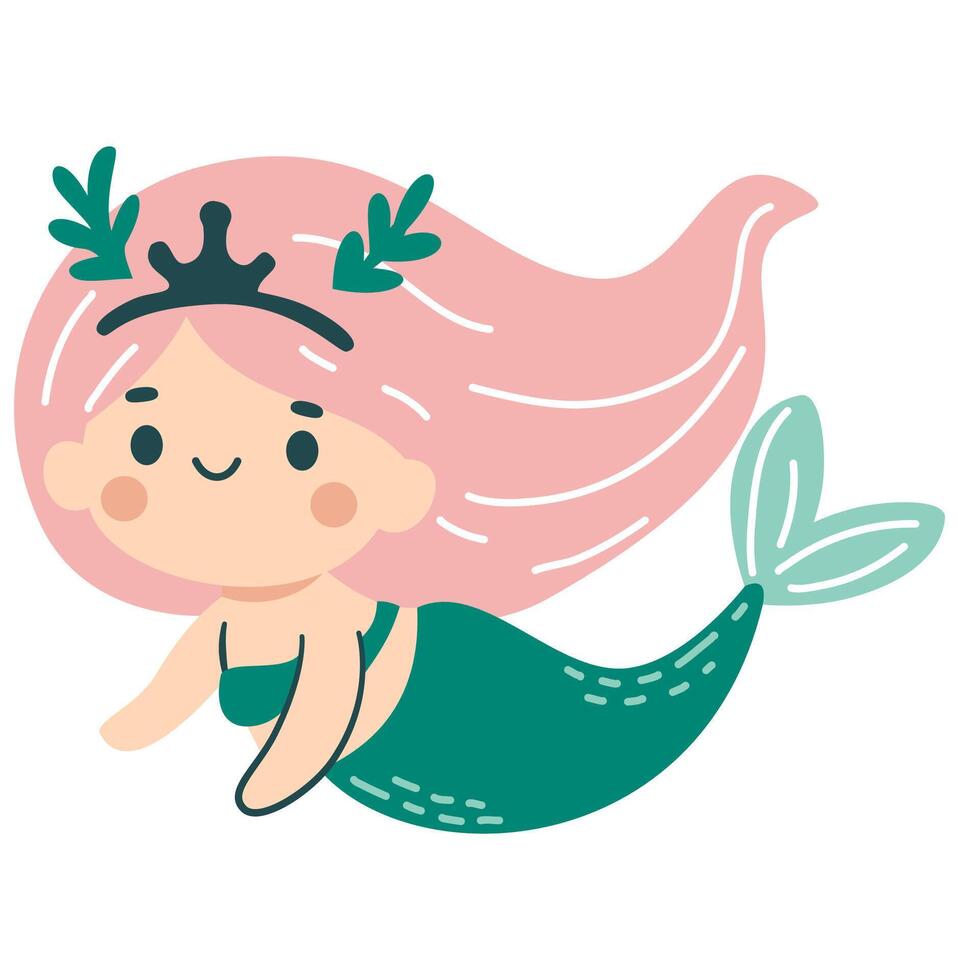 Cute mermaid swimming on white background. Flat illustration in simple child style vector