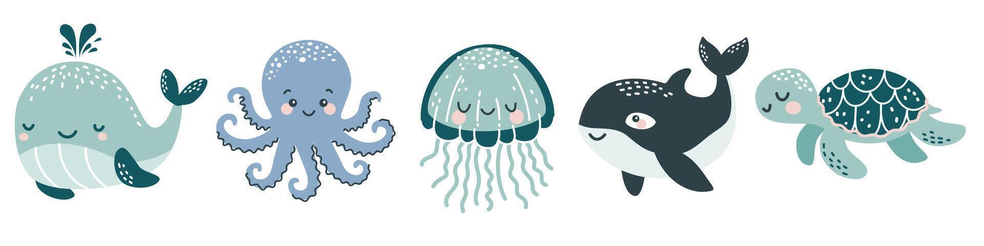 illustration collection in children's Scandinavian style. A whale, an octopus, a jellyfish, an orca, a turtle. vector