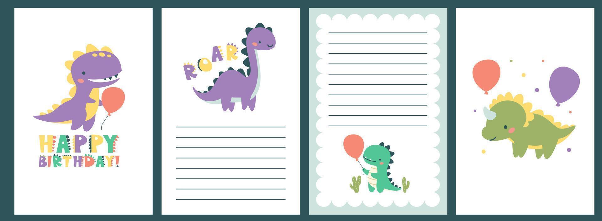 Template for baby showers. Cute funny dinosaurs, Lettering Happy Birthday and Roar. Set of greeting card templates vector
