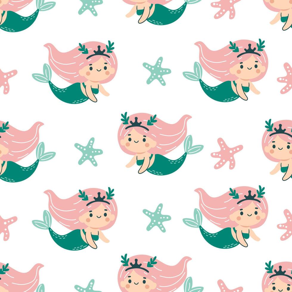 Seamless pattern in children's style. Cute mermaid and starfish on white background vector