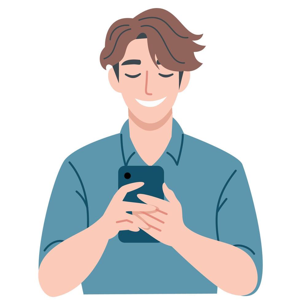 The young man smiles and looks up from his phone. Flat illustration, white background vector