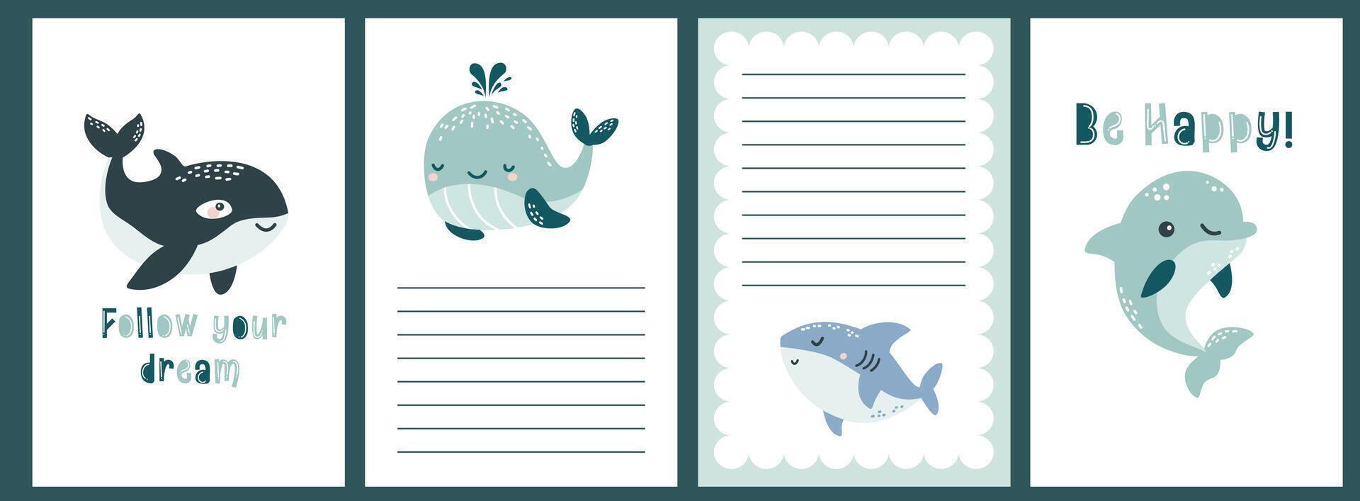 Template for baby showers. Cute sea fish, dolphin, whale, orca and shark. Caption Follow your dreams and be happy vector