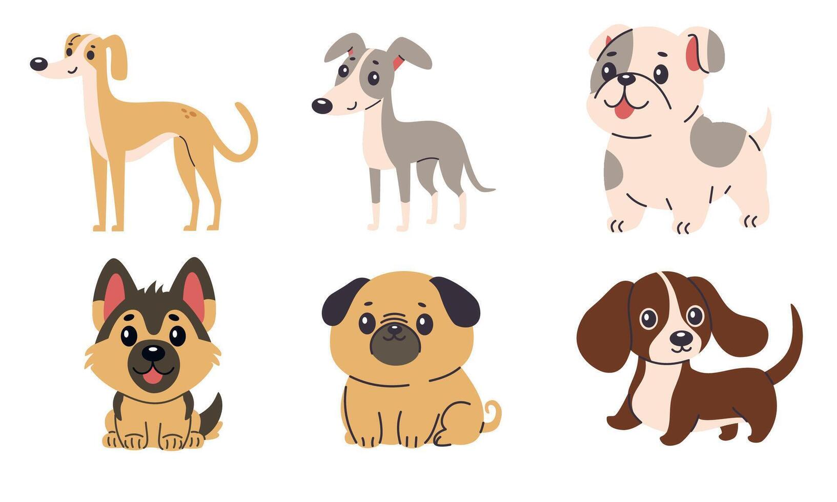 Set of flat illustrations of dogs of different breeds. Greyhound, chihuahua, French bulldog, pug, German shepherd, dachshund vector