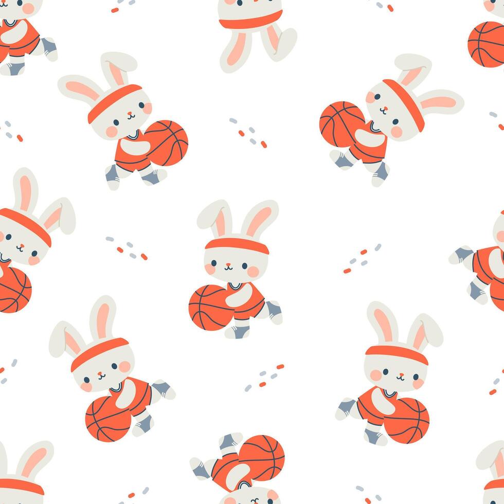 Seamless pattern. Cute hare in uniform playing basketball. Flat illustration in children's style on white background vector