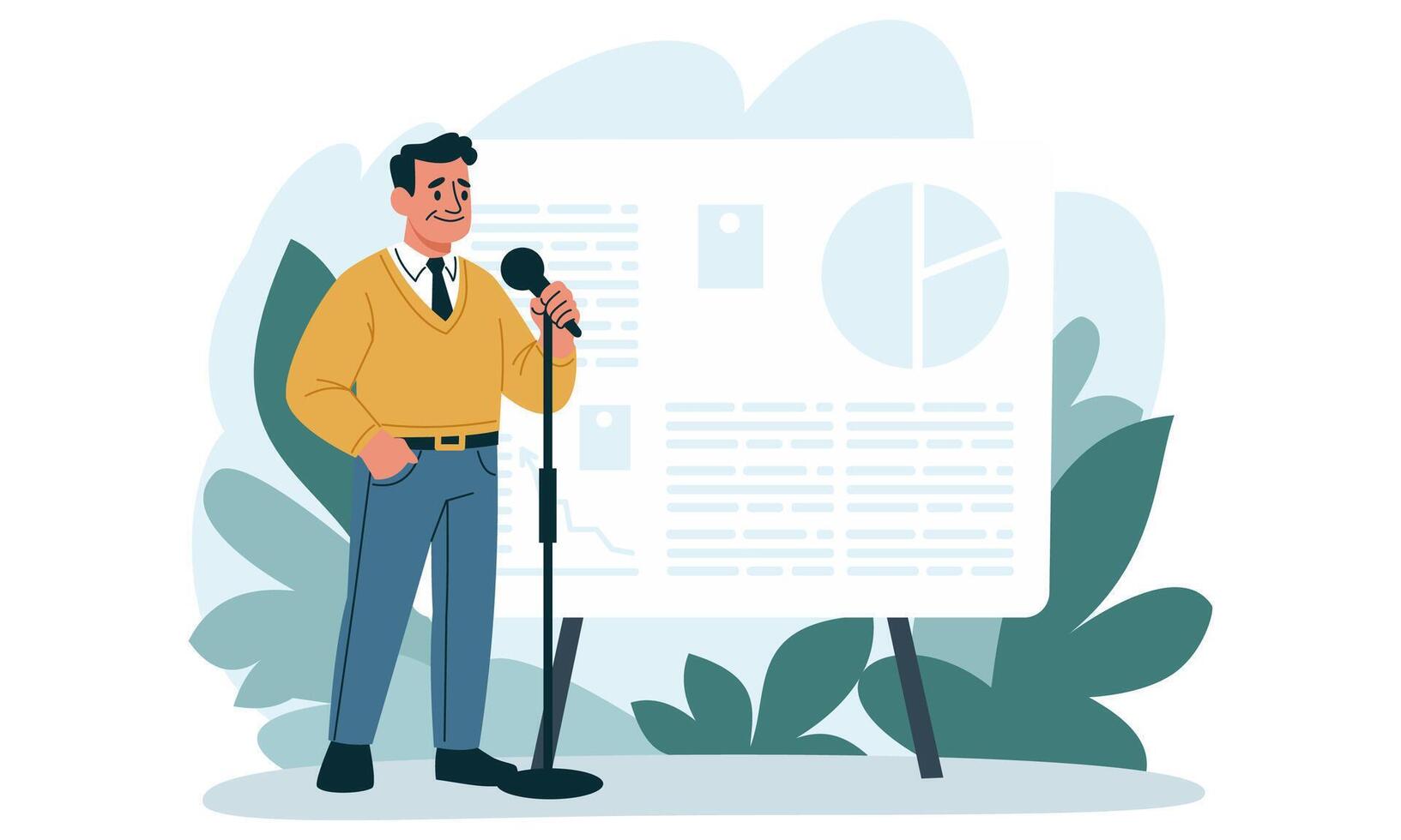 Flat illustration. Elderly man is giving presentation, speaking into microphone, presentation banner in the background vector