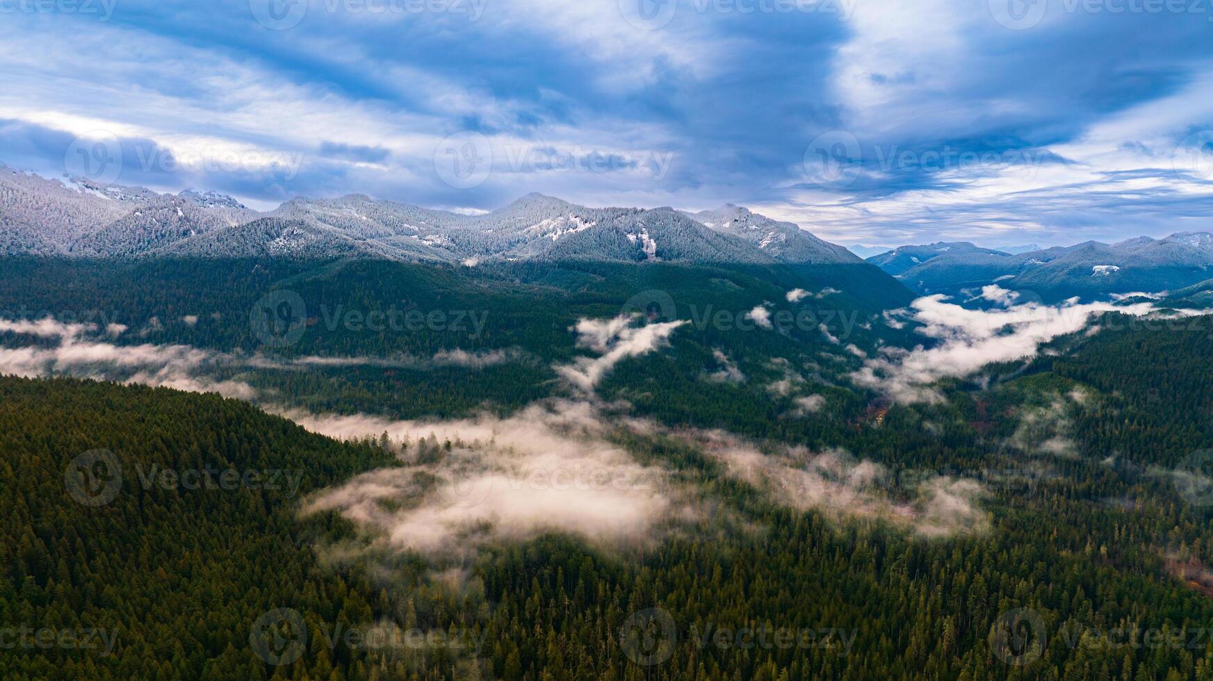 A stunning sprawled mountain covered with thick pine tree forest. Drone approaching the snow-capped top of a huge mount. National Park Mount Rainer, Washington State, the USA. photo